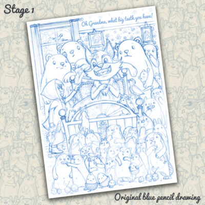 Next I draw the main part of the picture  in my sketch book with a blue pencil.