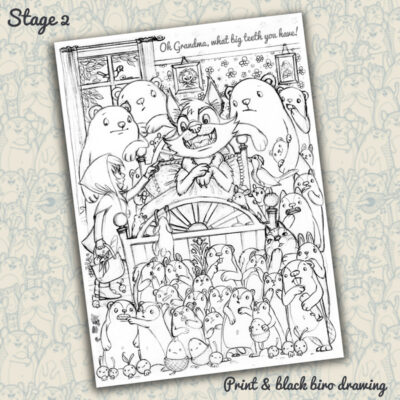 Then I scan the blue pencil drawing into photoshop, change the colour to grey scale & print it out. Then I draw more details over the printout with a black biro.