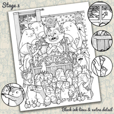 In this stage I very carefully trace the biro drawing onto thin layout paper with special permanent fine liners - I like to use either Uni-pin or Sakura.  While I'm drawing the ink version I will add extra details like hedgehog spines, wood grain & leaf veins & maybe a few extra characters.