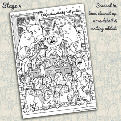 When the inking is finished I scan the final ink drawing into Adobe Photoshop at 400dpi. Then I clean up any mistakes or shaky lines I may have made. I also add little extra details that are easier to do digitally  - like the straight lines for the floorboards or some extra little flowers. Finally I add any writing & sign it. 